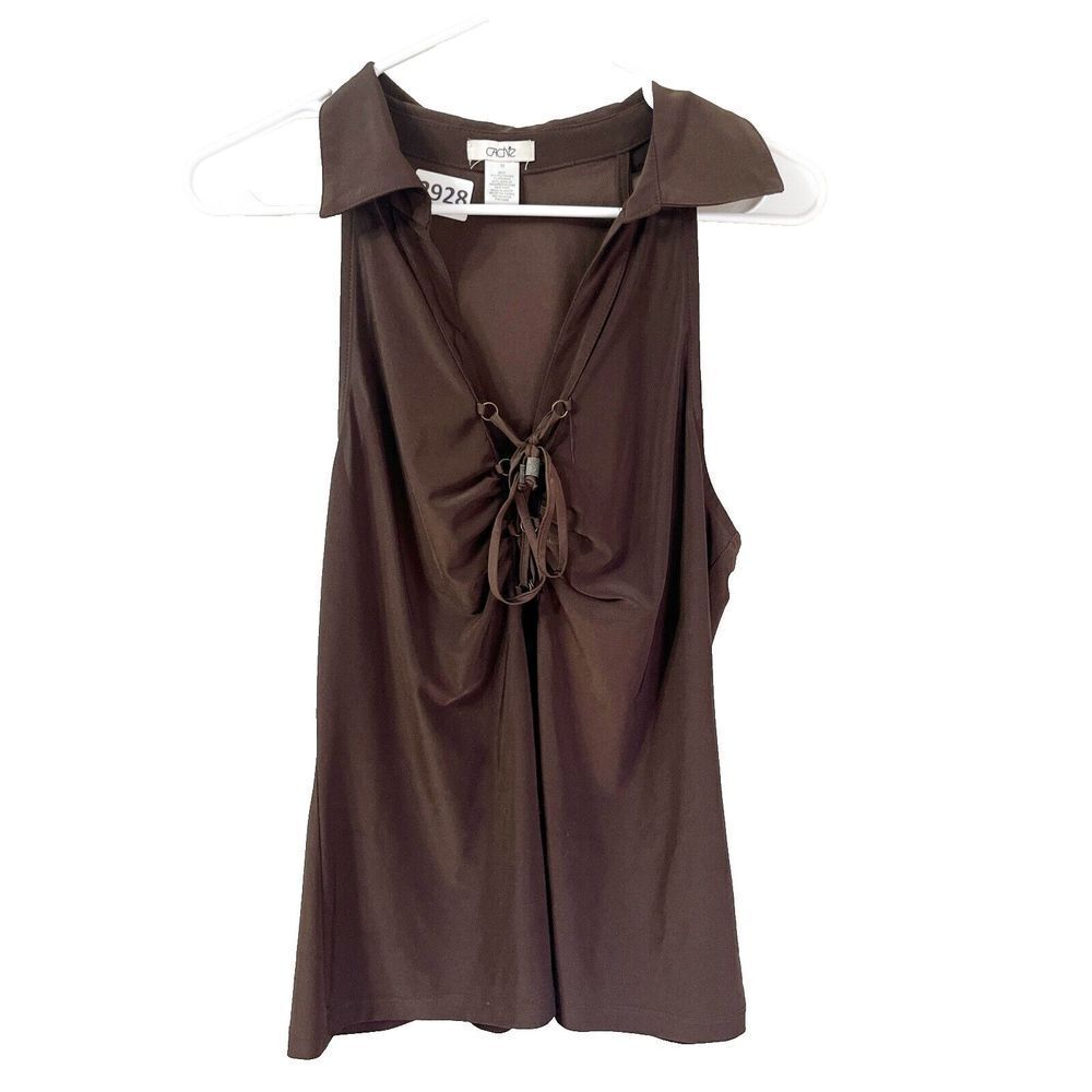 Vtg Y2K Cache Womens Top Brown Medium Collared Drawcord Ruched Sleeveless